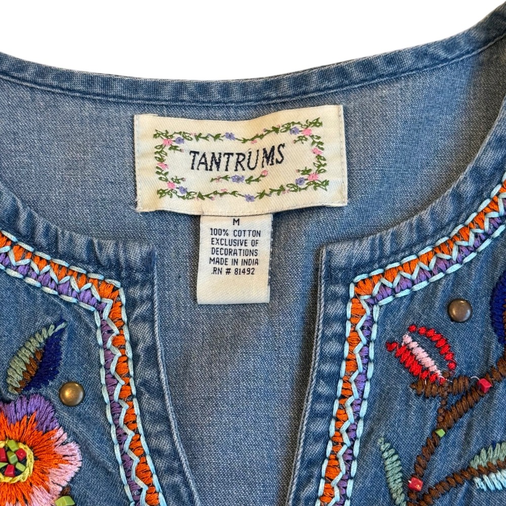 Tantrums Womens Medium Blue‎ Denim Embroidered Floral Boho Tunic Top Cotton M - Picture 6 of 15